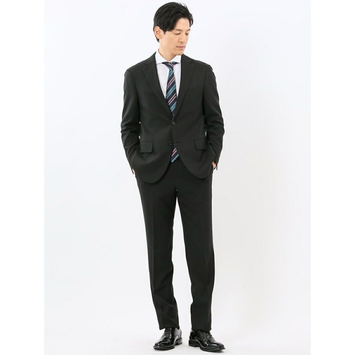 【ストレッチ ウォッシャブル】タカキュー 2ボタン2ピース ビジネスセットアップスーツ 組織黒／タカキュー（TAKA-Q）