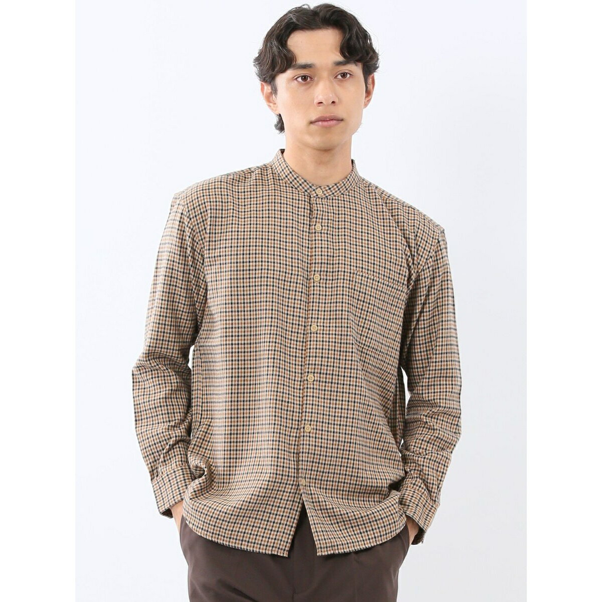 【ネルチェック 起毛】ポートブリッジ/Port Bridge バンドカラー長袖シャツ／m.f.エディトリアル（m.f.editorial）