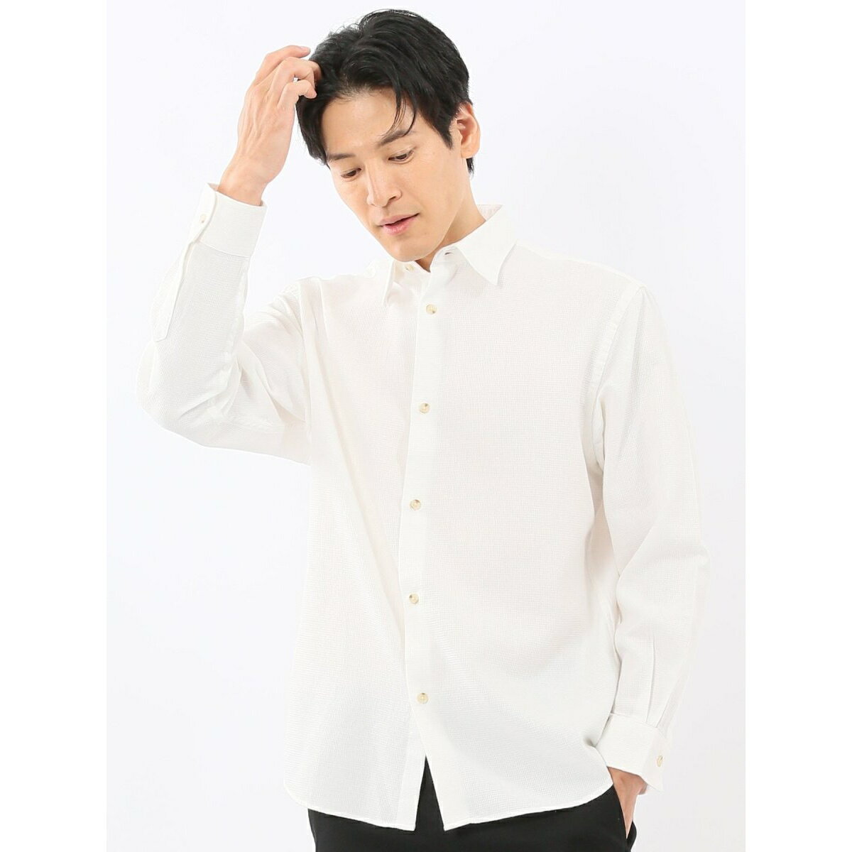 【綿混 ややゆったり】タカキュー 起毛ワッフル レギュラーカラー長袖シャツ／タカキュー（TAKA-Q）