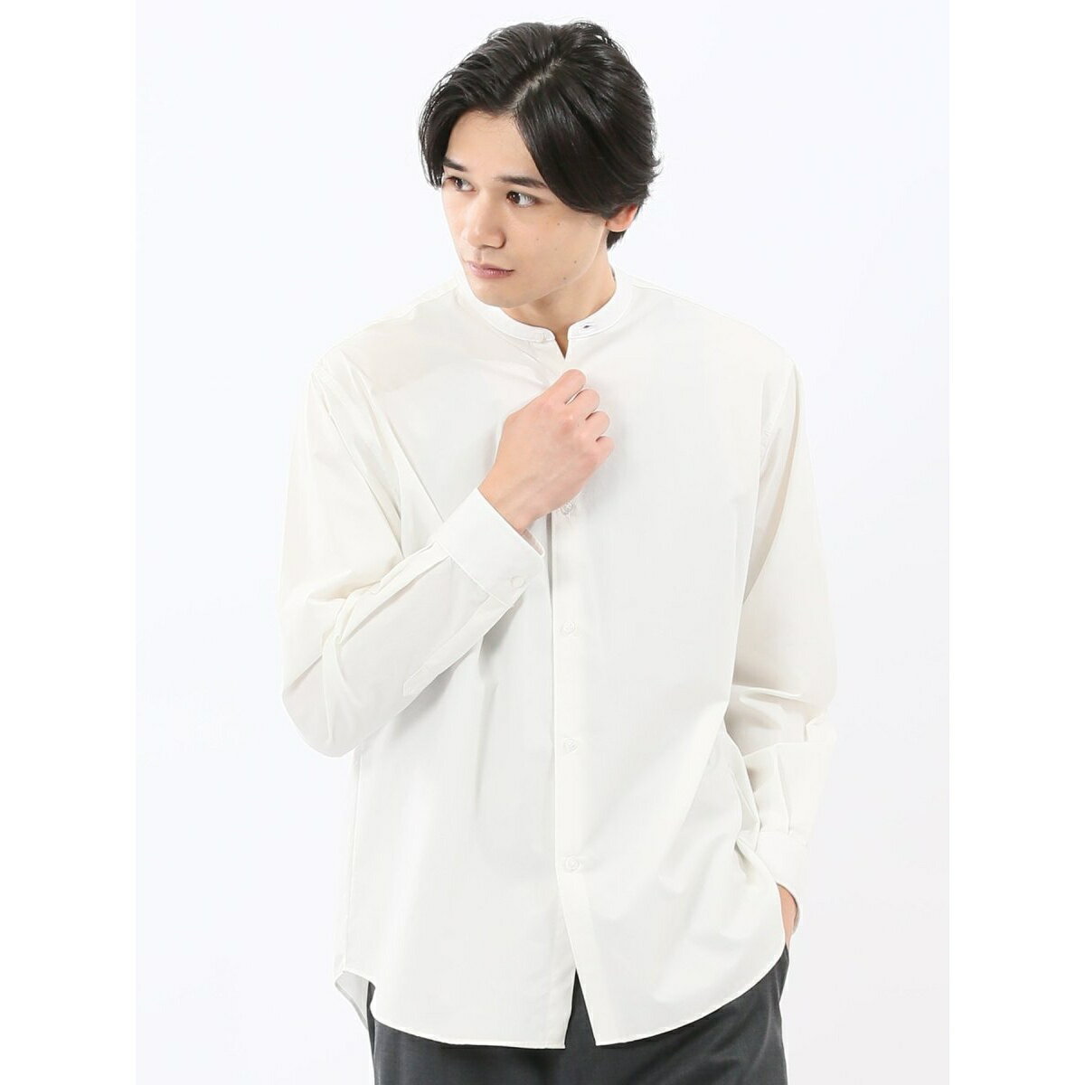 【綿100% ゆったり】タイプライター バンドカラー長袖シャツ／タカキュー（TAKA-Q）