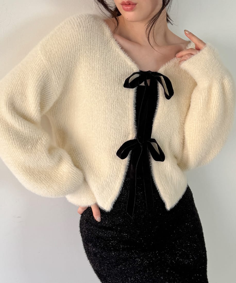 2wayベロアリボンシャギーニットカーディガン／ジュノア（JUNOAH）