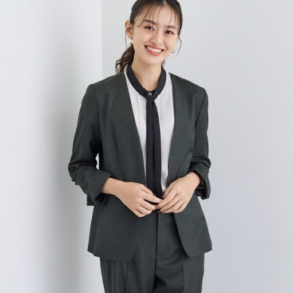 【日本製／スーツ／通勤】シルクウールストレッチ ノーカラージャケット／インディヴィ（INDIVI）