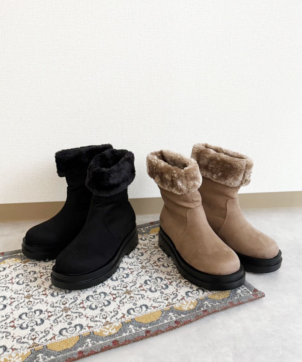 lus. 【晴雨兼用】撥水・防水仕様 折り返しファーブーツ レディース ショートブーツ 厚底／ラスドット（lus.）