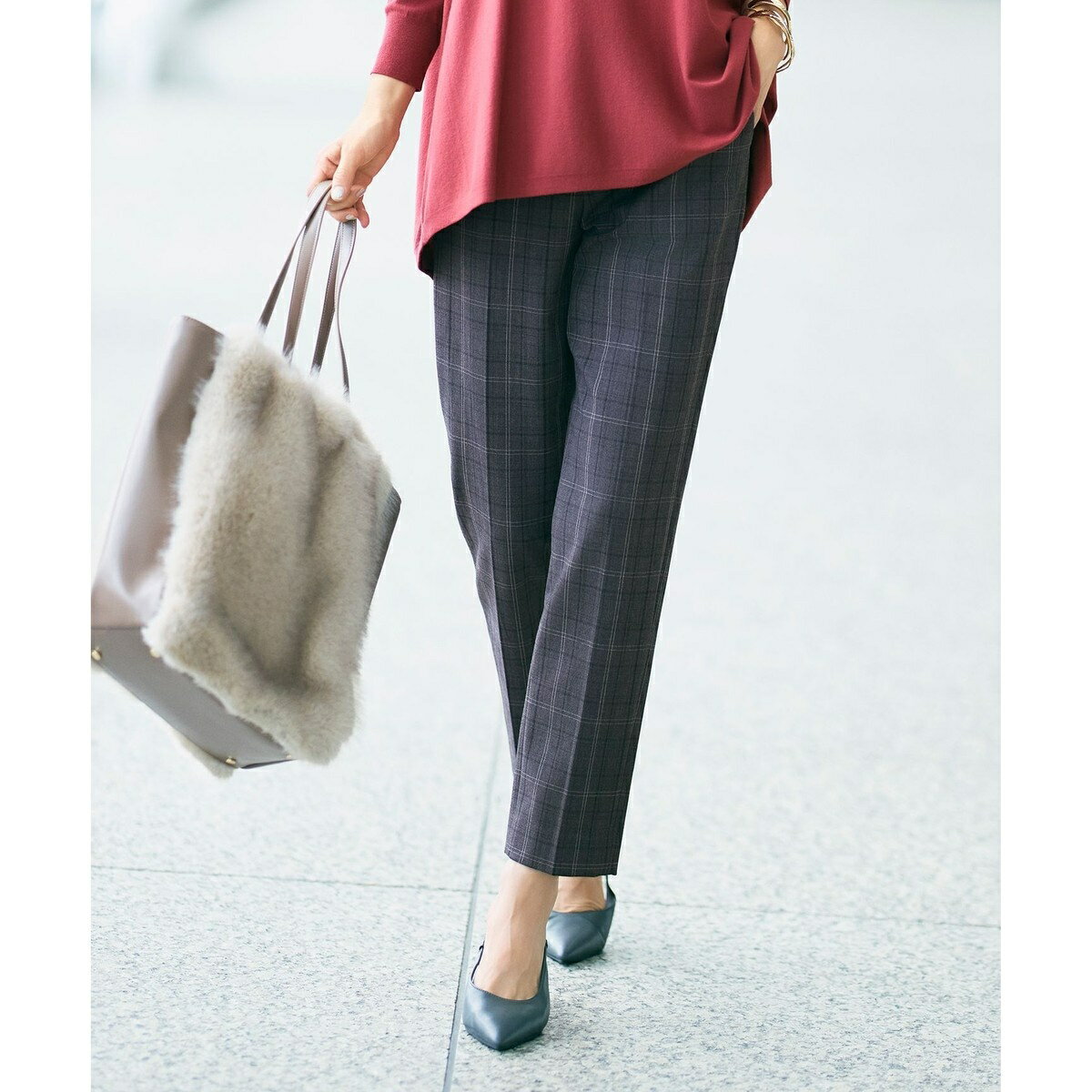 【19号サイズまで展開】TRギャバ裏起毛チェック柄テーパード パンツ／自由区（JIYU-KU）