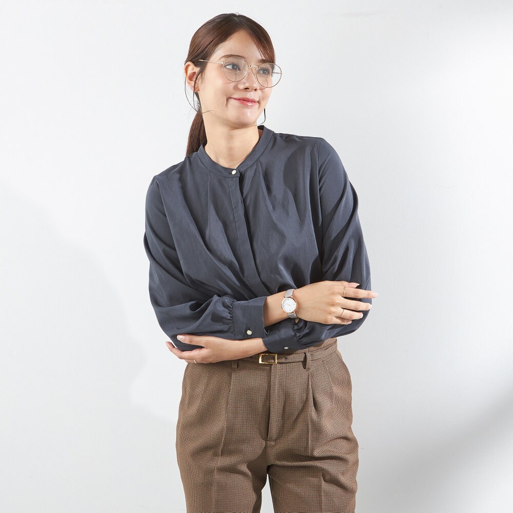 【長袖】洗えるバンドカラ—ブラウス ネイビー ストレッチ／スーツセレクト（SUIT SELECT）