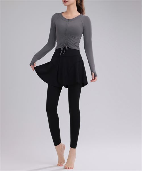 長袖クロップド丈ハーフジップリボントップス+スカート一体型フルレギンス 上下2点セット／テディショ..