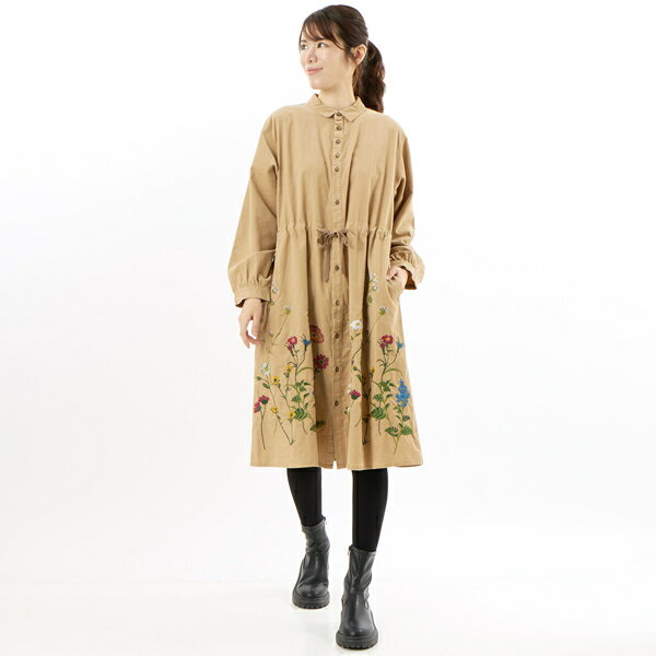 ソフトコーデュロイスタンディングフラワー刺繍シャツワンピース(前開き)／スーパーハッカ（SUPER HAKKA）