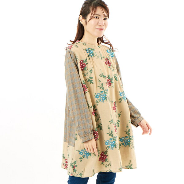 レーヨンナイロンアクリルトレイリングブルームカットジャカード+コットンツイルチュニックブラウス／スーパーハッカ（SUPER HAKKA）