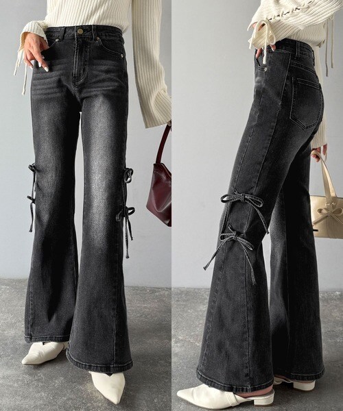 【mily bilet】美脚を引き立てる。サイドリボンデザインストレッチフリンジフレアデニム／クラシカルエルフ（Classical Elf）