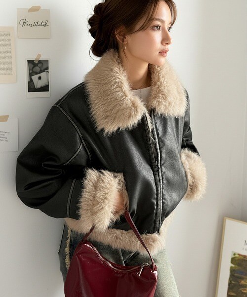 【mily bilet】ファー使いヴィンテージライク ダメージフェイクレザーライダースジャケット／クラシカルエルフ（Classical Elf）