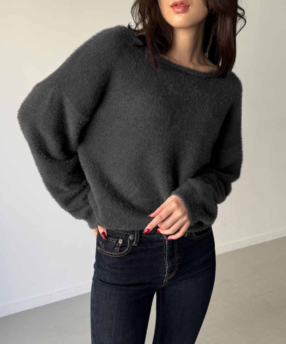 バックベロアリボンシャギーニットトップス／ジュノア（JUNOAH）