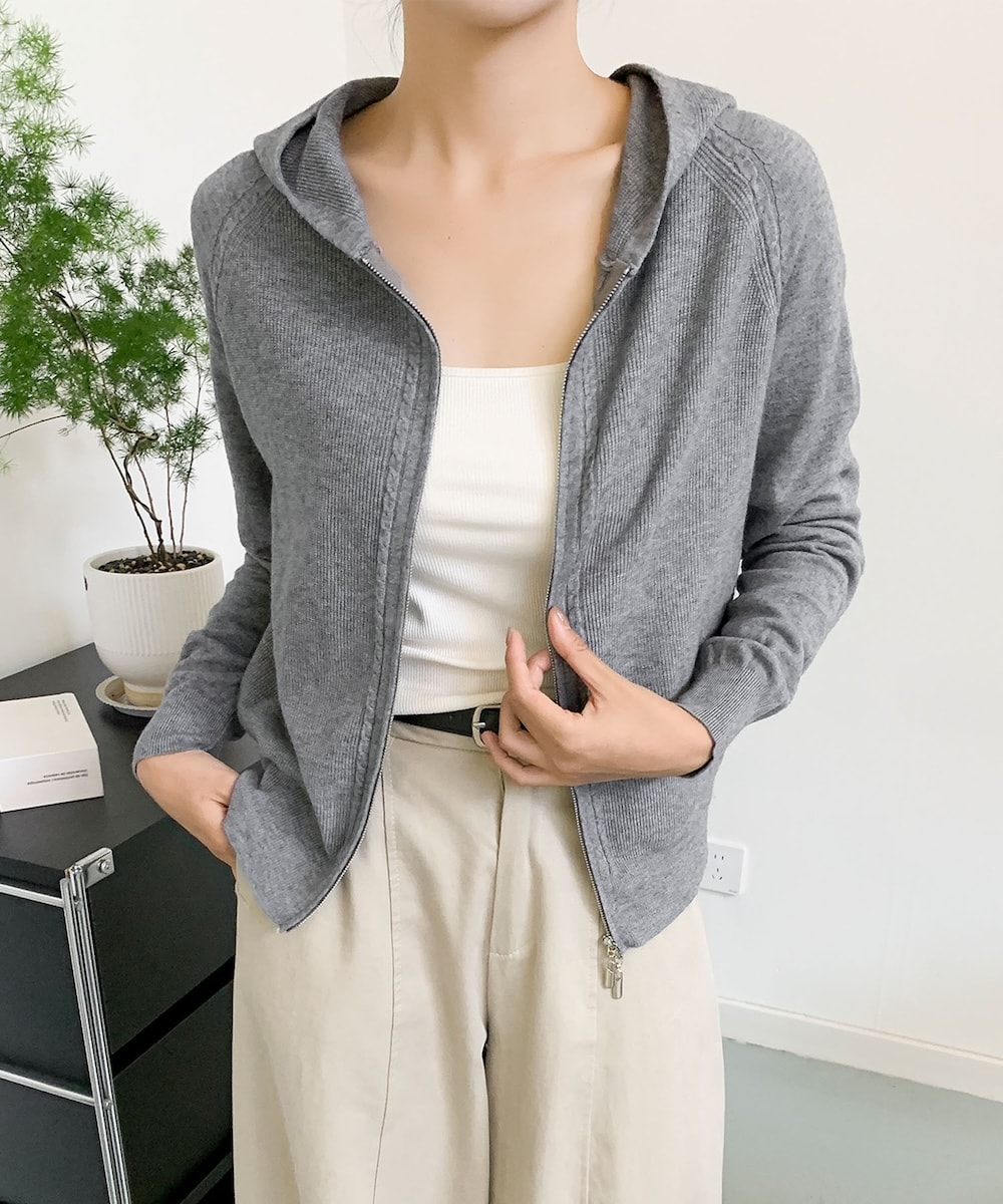 ハイネックフード付き ダブルジップ無地ニット／アイモハ（aimoha）