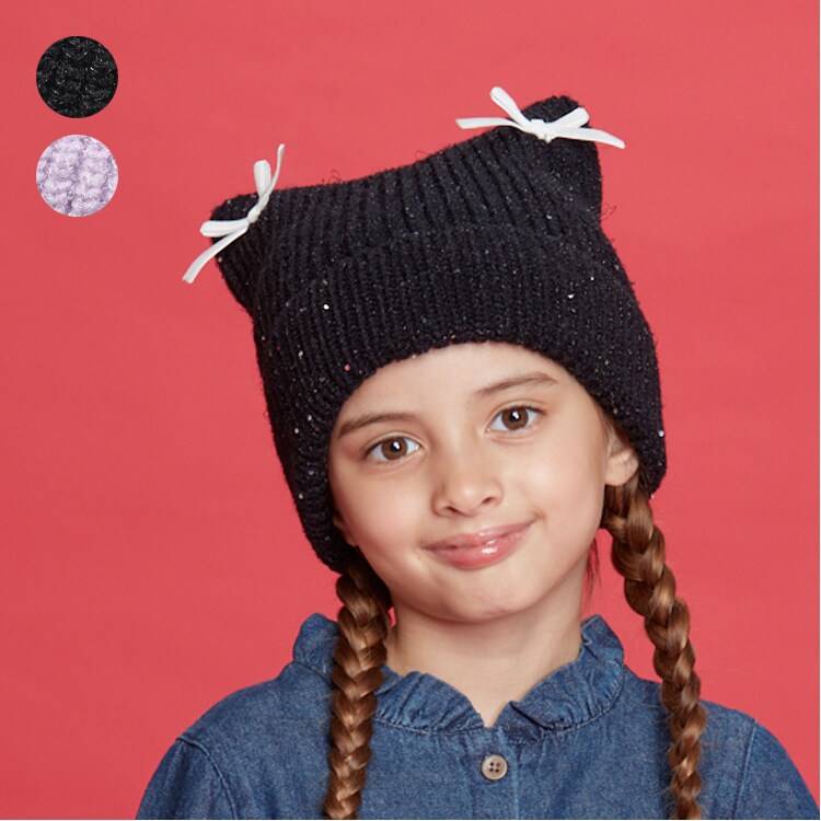 Cat ear watch cap with ribbon / Kids Foret