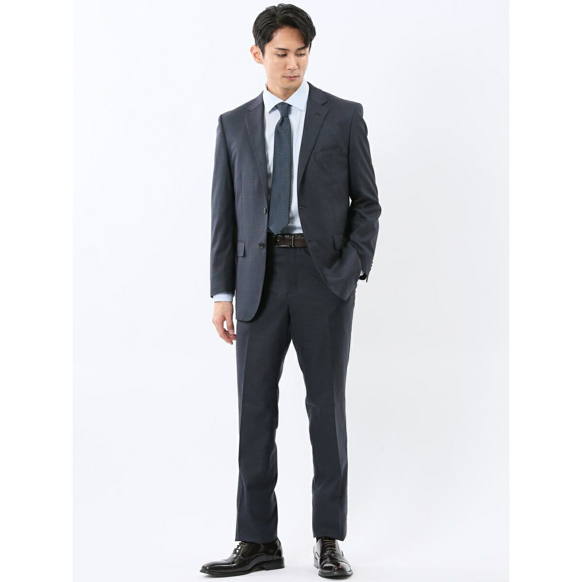 【ストレッチ ウォッシャブル ウール調】タカキュー 2ボタン2ピース セットアップスーツ チェック紺／タカキュー（TAKA-Q）