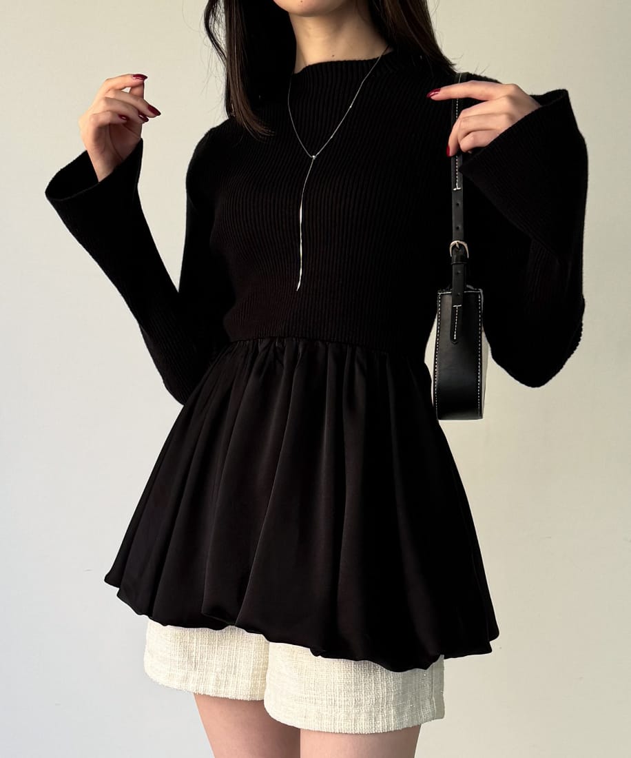 サテンドッキングバルーンニットトップス／ジュノア（JUNOAH）