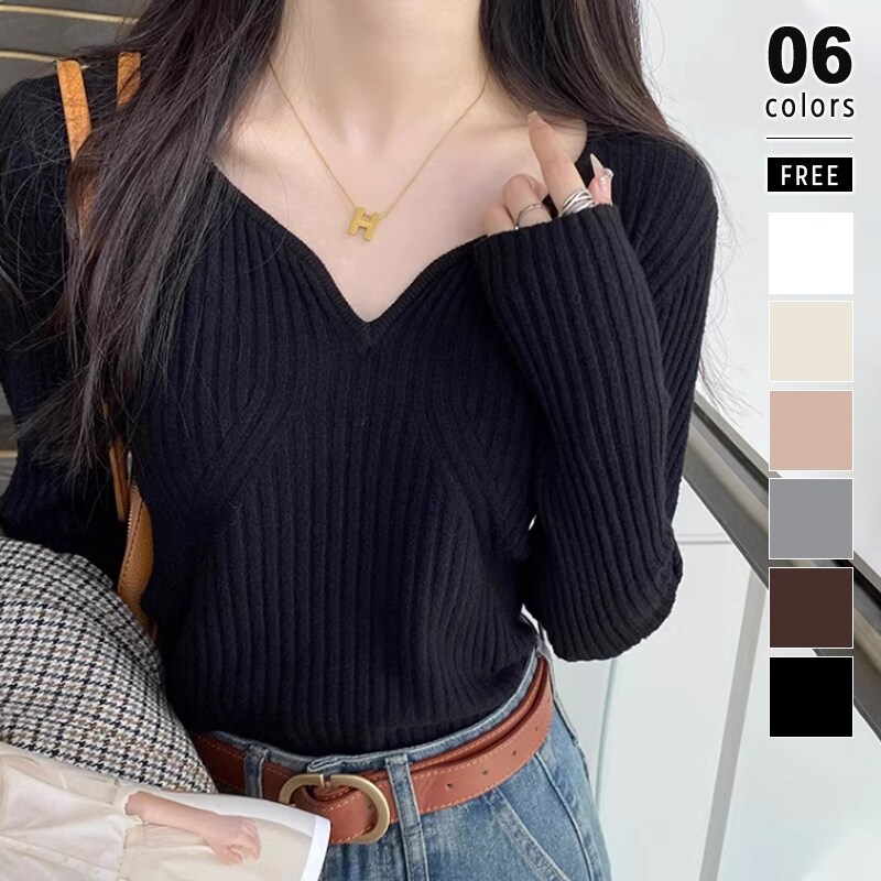 キーネックニット リブニット ニットトップス キーネック トップス 長袖 レディース フィット／COCOMOM..