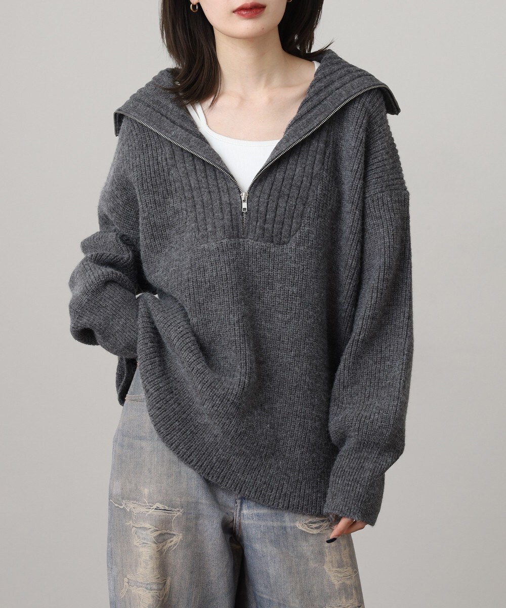 ビッグカラー風 ハーフZIP プルオーバーもっちり ニット トップス／アットワン（atONE）