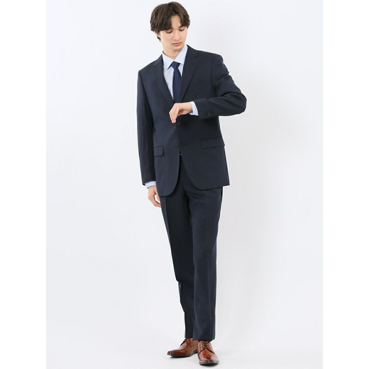 【ストレッチ ウォッシャブル】タカキュー 2ボタン2ピース ビジネスセットアップスーツ 組織紺／タカキュー（TAKA-Q）