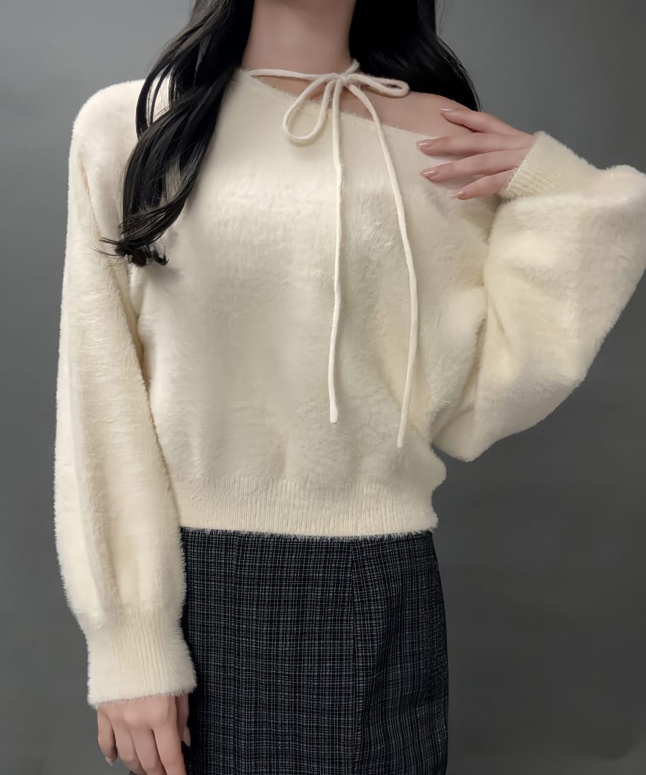 【紐取り外し可能】ワンショルチョーカーシャギーニットトップス／ジュノア（JUNOAH）