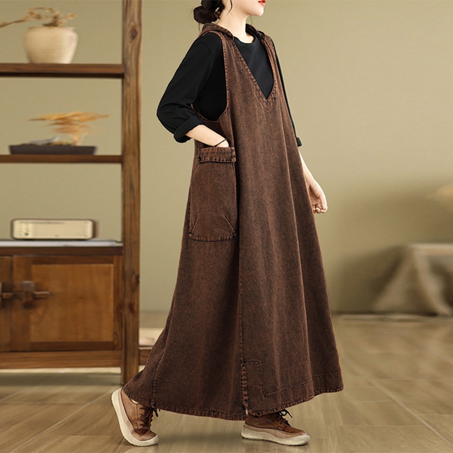 フード付き深Vネックデニム風ジャンパースカート レディース ワンピース／ドゥーベル（Doux Belle）