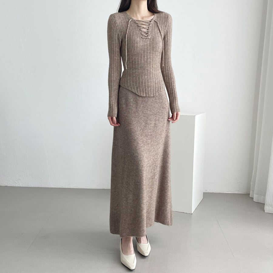 レースアップ×リブニットセットアップ レディース セットアップ／ドゥーベル（Doux Belle）