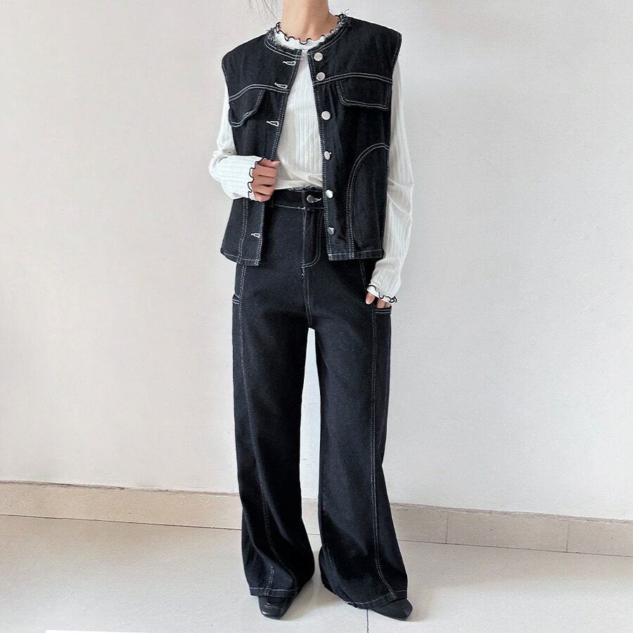 デニムノースリーブベスト＆ワイドパンツセットアップ レディース 上下セット／ドゥーベル（Doux Belle）