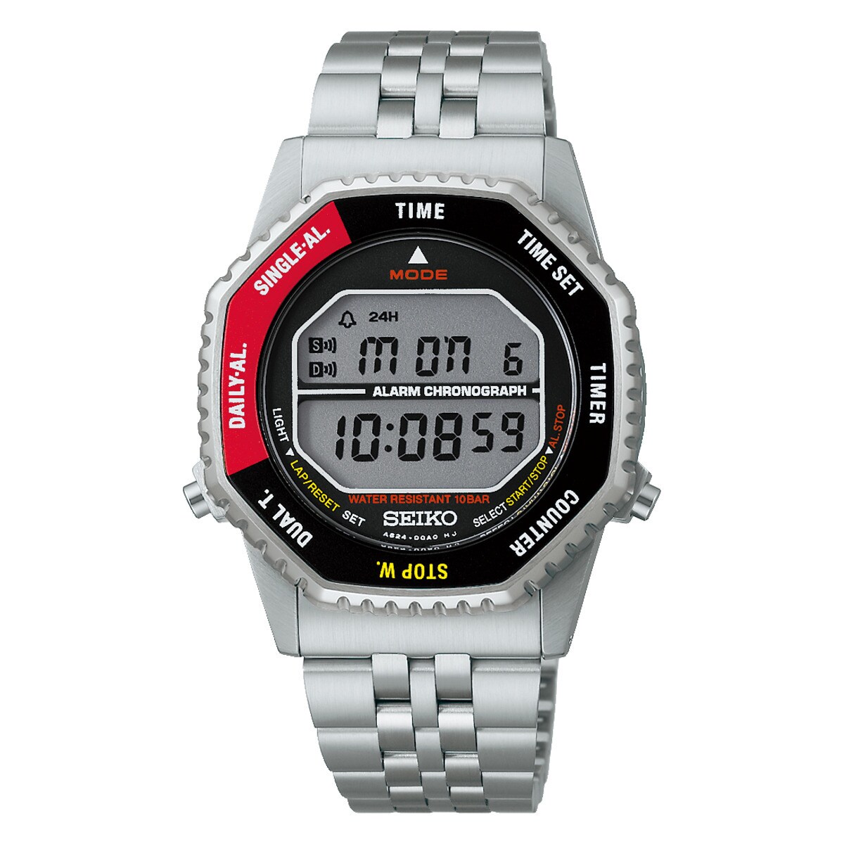 [型番:SBJG019]”Rotocall(ロトコール)”の名で親しまれたデジタルウオッチをデザイン復刻。1982年に発売された、ロータリースイッチ搭載デジタルクオーツ初代モデルを再現した初の復刻モデルが登場。八角形のベゼルを回転させることで機能を呼び出すことができるアイコニックなデザインと、ユニセックスで楽しめるコンパクトな37mmのサイズを再現。液晶版フォントは、オリジナルモデルに忠実に復刻しながら、「AM／PM表示」「電池切れ予告」の機能を追加しました。アルミ製ベゼル表示板を採用し、1980年代のモデルから着想したレトロなカラーリングを再現しました。メタルブレスレットは、ピッチの細かいオリジナルの装着感を維持し、質感が高い無垢にアップデートしました。■カラー：＊＊■ケースサイズ：縦・横・厚（mm）48.5×37.0×10.6■重さ：109 g■ベルト最大：195mm※(　)で表記されている数字はヌードサイズです。ヌードサイズとは衣服を身につけない身体のサイズです。お客様ご自身の身体サイズと比較してお選びください。 ■素材： ■ケース素材：ステンレススチール■風防素材：ハードレックス■ベルト素材：ステンレススチール■仕様：クオーツ・回転ベゼル・スクリューバック・ロータリースイッチ機能・カウンター機能・ストップウオッチ機能（1/100秒計測 99時間59分59秒）・アラーム機能・タイマー機能(1分単位で最大100分)・フルオートカレンダー機能（2074年12月31日まで）・デュアルタイム表示機能・電池寿命切れ予告機能・内部照明(LED)・日常生活用強化防水（10気圧） ■お手入： ムーヴでお買い上げの商品は電池交換1回無料（一部除外品有）・ブレスサイズ調整無料です。&nbsp;&nbsp;>>商品のお取り扱い方法 ■原産国：SEIKO SELECTION セイコーセレクション Sシリーズ【国内正規品】SBJG019／セイコー（SEIKO）＊＊画面上と実物では、多少色具合が異なって見える場合がございます。