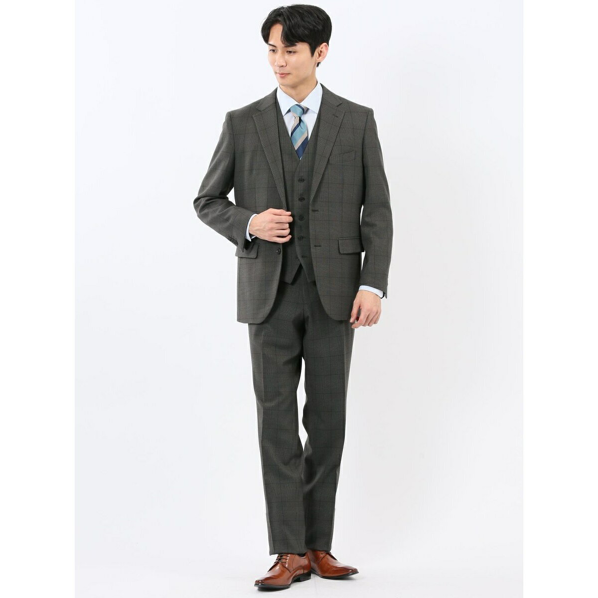 【ストレッチウォッシャブル】タカキュー ウール調 2ボタン3ピース ビジネススーツ チェックグレー／タカキュー（TAKA-Q）