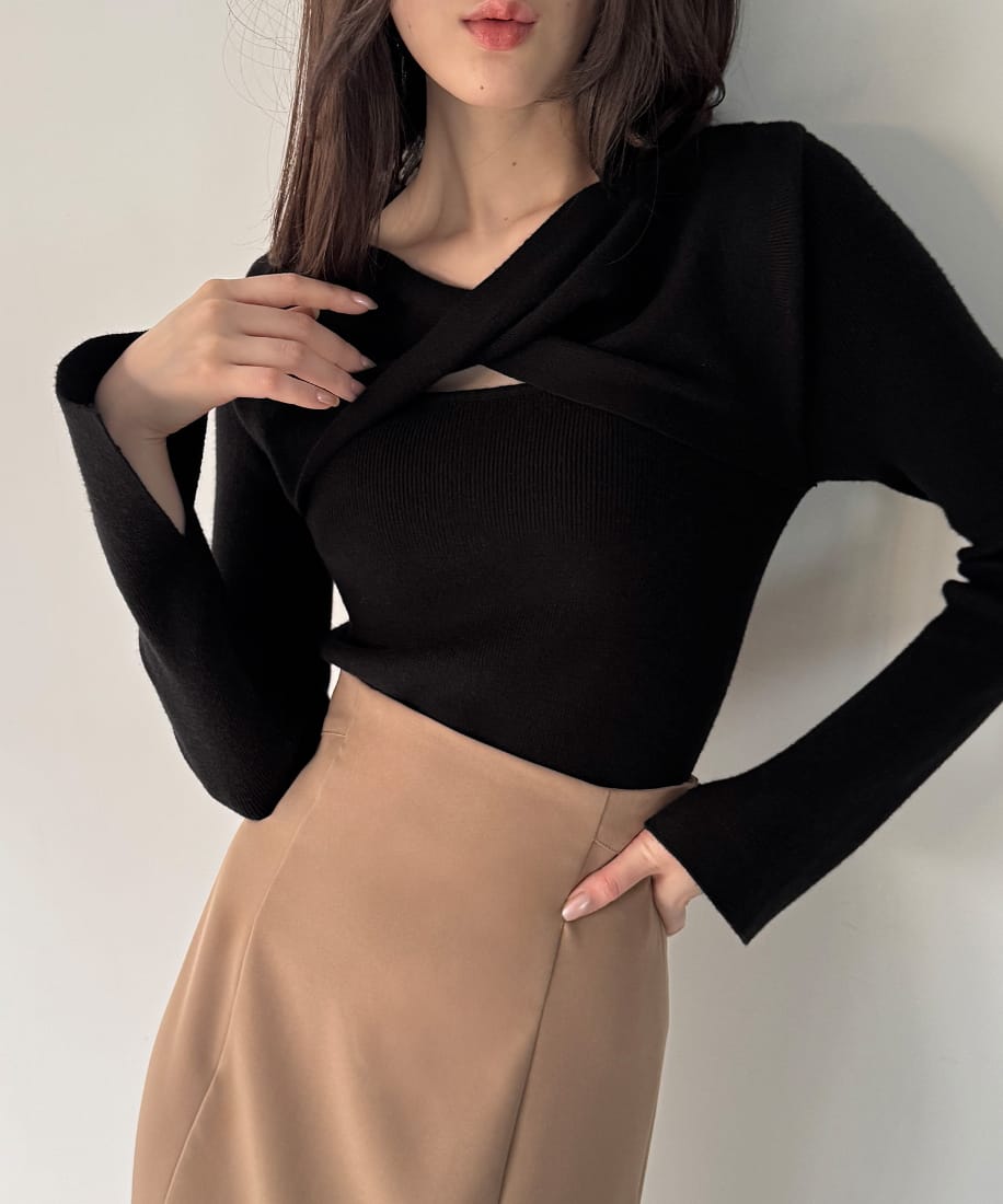 クロスドレープニットトップス／ジュノア（JUNOAH）