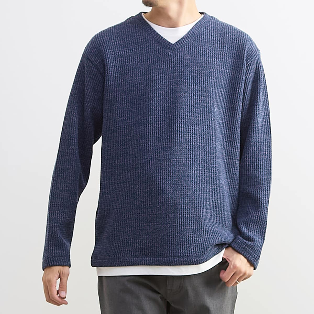 裏起毛ワッフルフェイクレイヤード長袖VネックTシャツ／メンズメルローズ（MEN'S MELROSE）