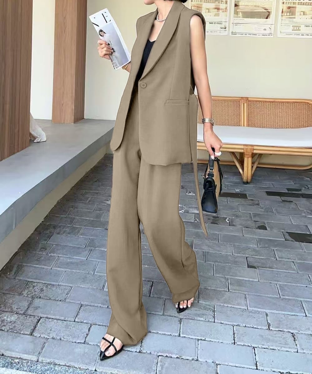 aimoha リボンタイベルトロングジレ＋ワイドパンツセットアップ／アイモハ（aimoha）