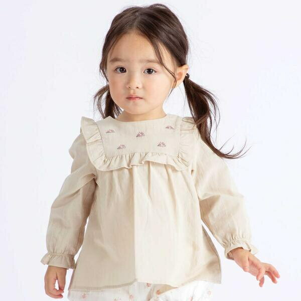 スクエアフリルお花刺しゅう長袖フレアブラウス(80~100cm)／ベベ（BeBe）