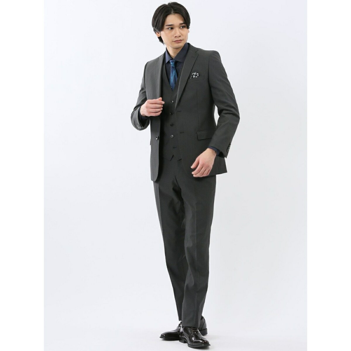 【超光沢 ウール混 ストレッチ】レノマオム 2ボタン3ピース セットアップスーツ カルゼグレー／タカキュー（TAKA-Q）