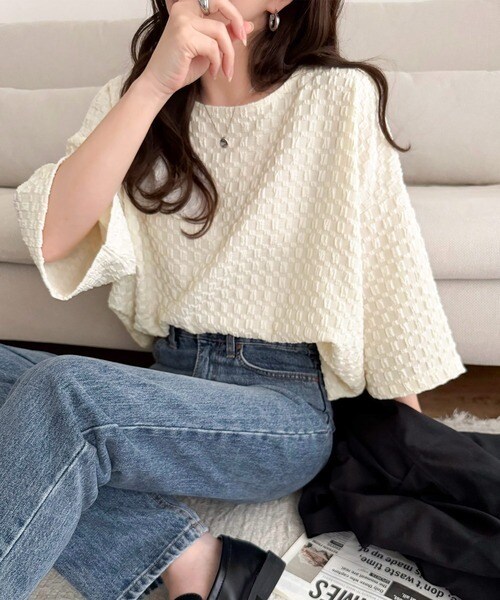 凹凸がコーデを上品に彩る♪前後差フクレジャガードドロストプルオーバー (半袖)／クラシカルエルフ（Classical Elf）