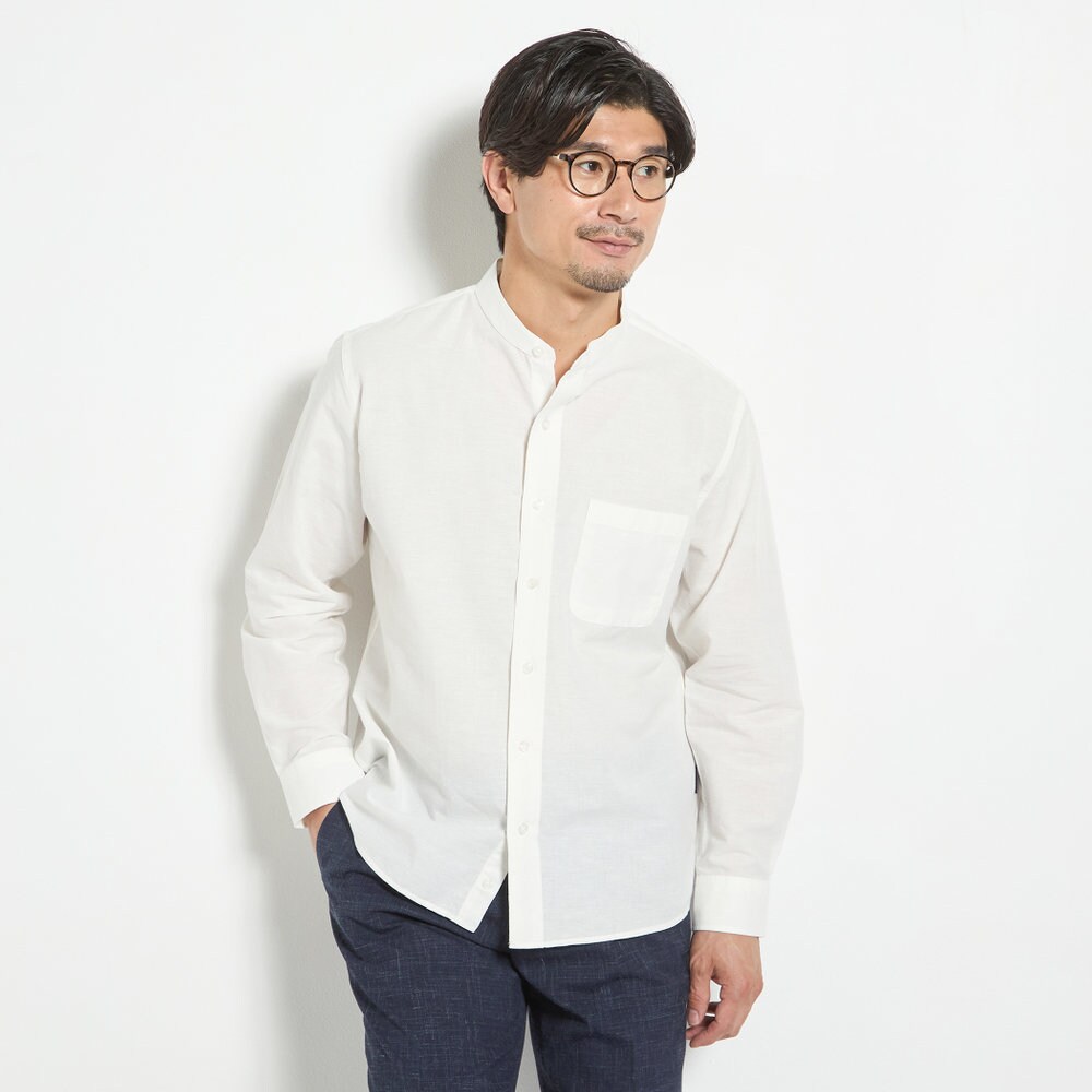 バンドカラ—長袖シャツ ホワイト リネンブレンド ／コナカ（konaka）