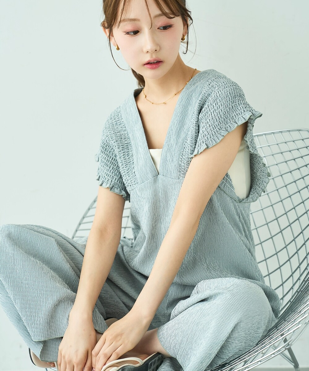 [New Color Available] Shirred All-in-One / Dot Pattern Crepe Gingham 【mil】/mil