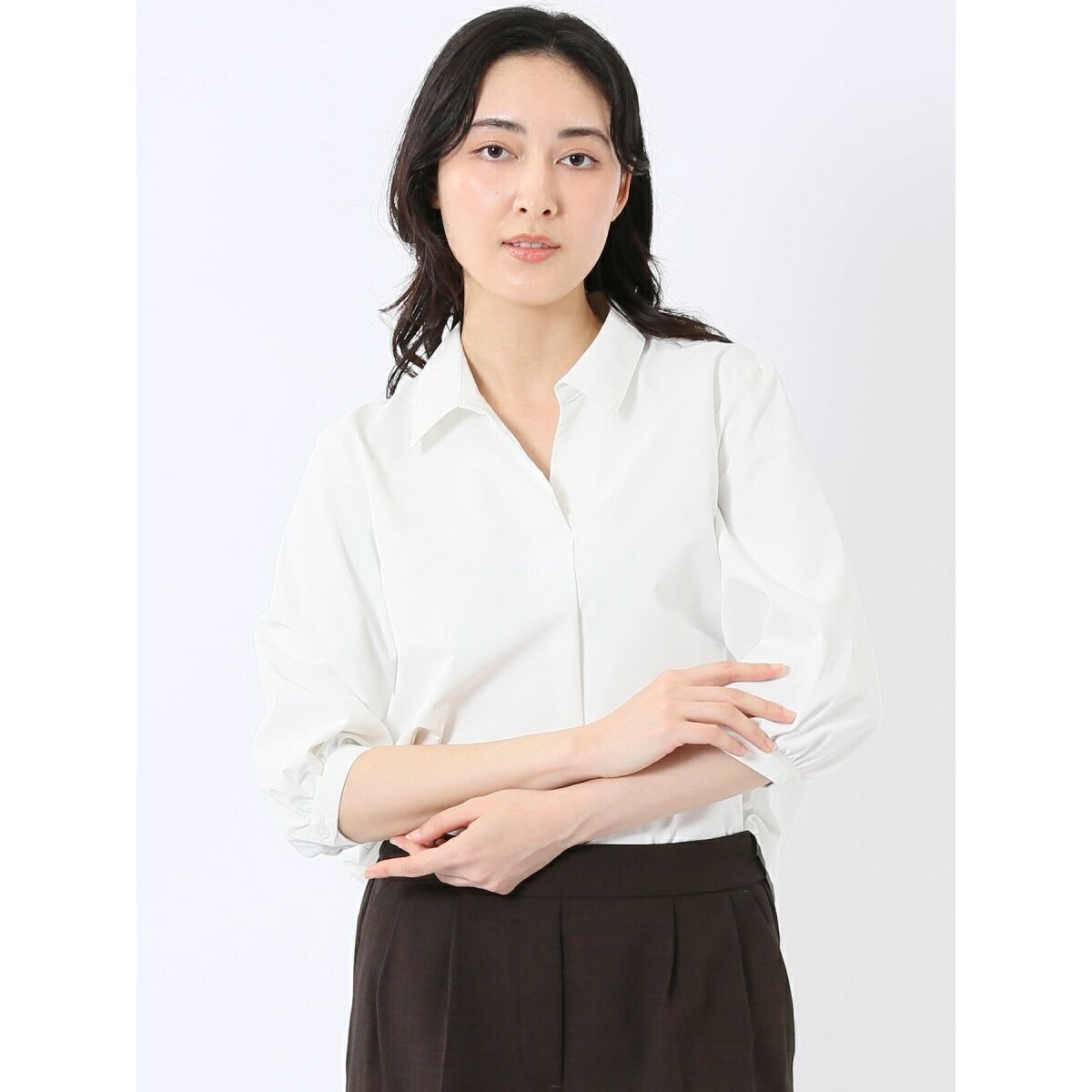 【汗染み防止 UVカット 防シワ】m.f.エディトリアル 7分袖 スキッパー ブラウス／タカキュー（TAKA-Q）