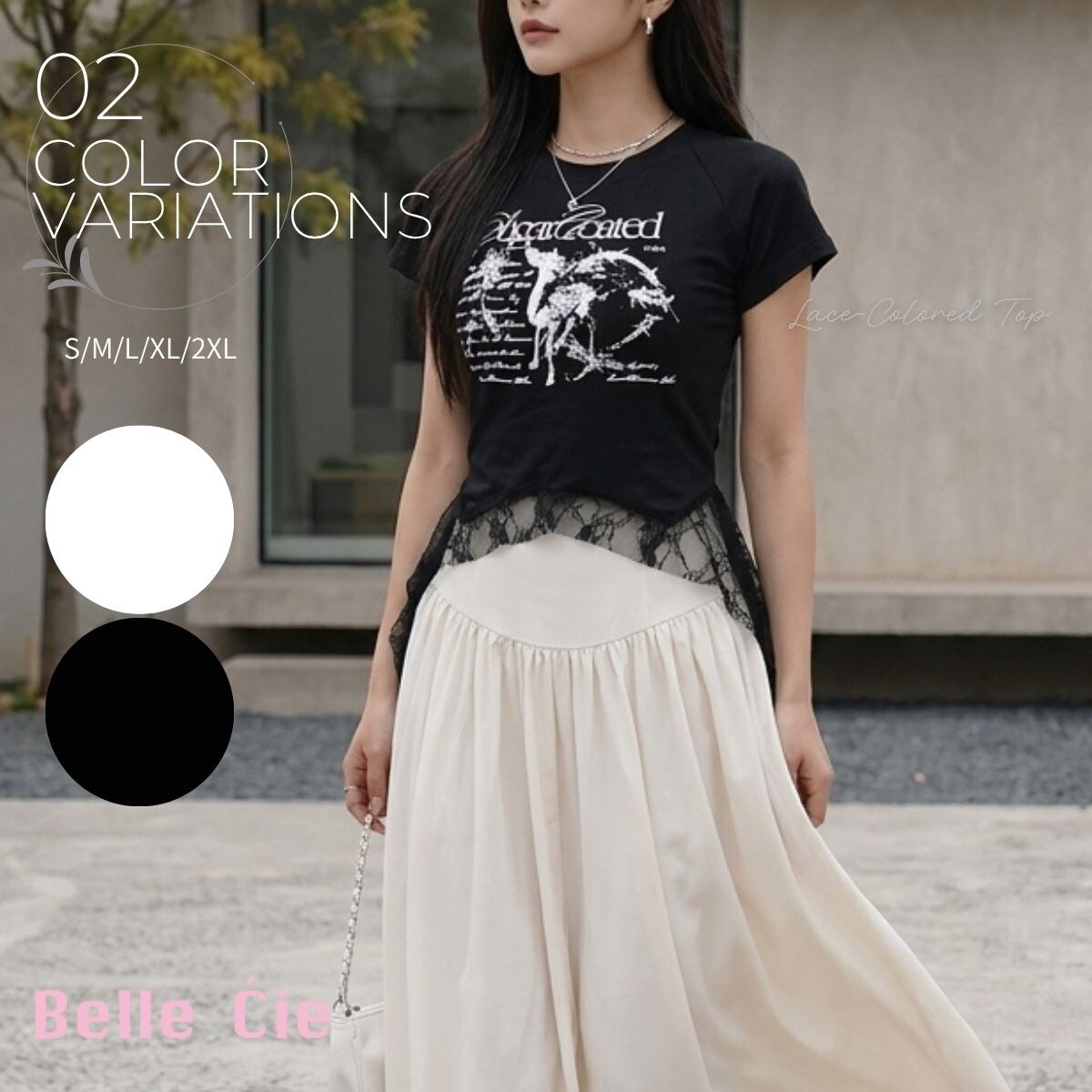 レースヘムプリントTシャツ 半袖Tシャツ クロップT プリント レディース／ベルシー（Belle Cie）