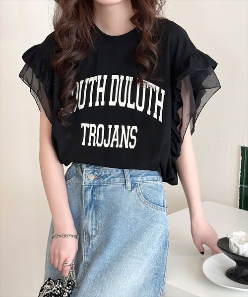 【接触冷感/脇見せ防止】ひんやり冷たい半袖フリルカレッジ風英字ロゴTシャツ レディース／テディショップ（TeddyShop）