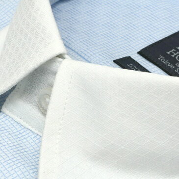 形態安定 ノーアイロン 長袖ワイシャツ クレリック スナップダウン 白×サックスチェック／ブリックハウス（BRICKHOUSE）