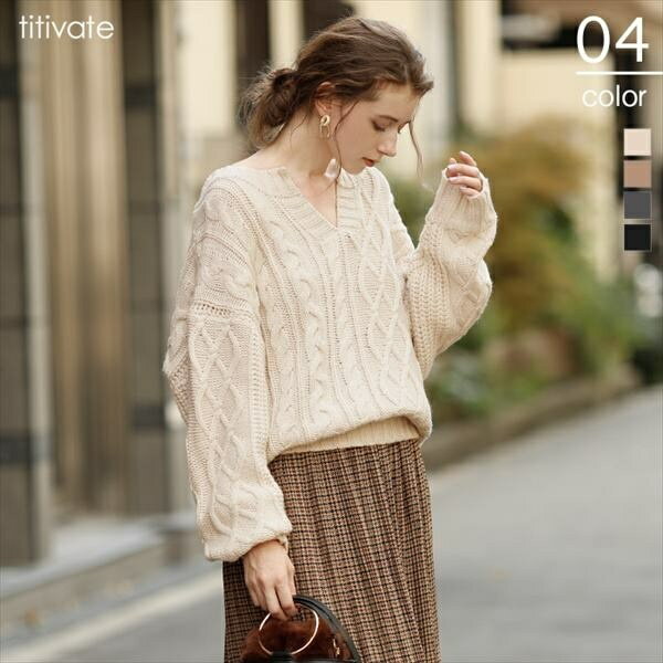ケーブル編みキーネックニットプルオーバー／ティティベイト（titivate）