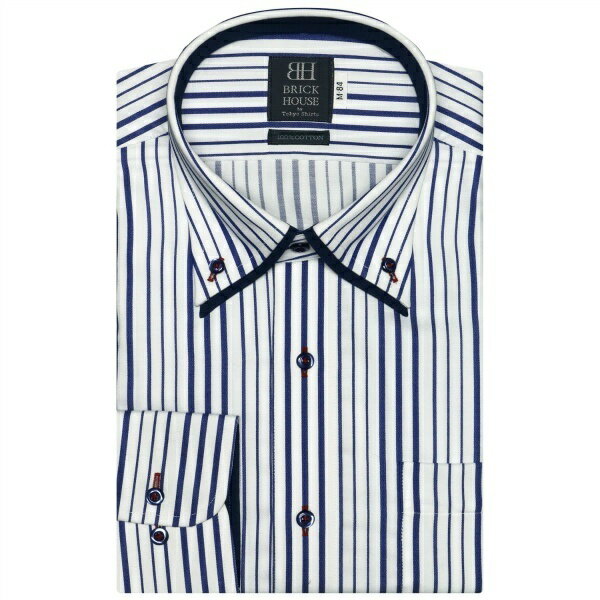 形態安定 ノーアイロン 長袖ワイシャツ ボタンダウン ダブルカラー 白×ブルーストライプ 標準体／ブリックハウス（BRICKHOUSE）