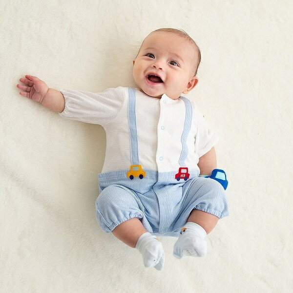 ＜新生児＞ プレオール（クルマ・お花サスペンダー / メッシュ天竺×ストライプ）／ミキハウス ホットビスケッツ（MIKIHOUSE HOT BISCUITS）のサムネイル