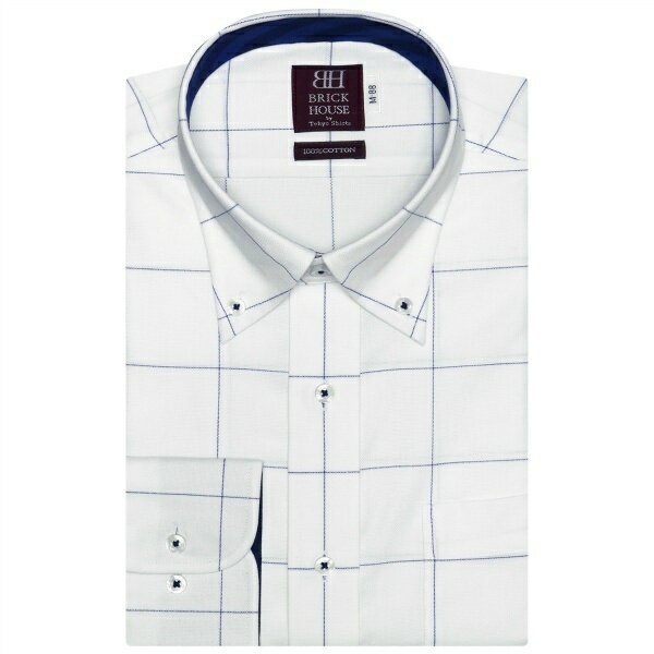 形態安定 ノーアイロン 長袖ワイシャツ ボタンダウン 白×ブルーチェック からみ織り／ブリックハウス