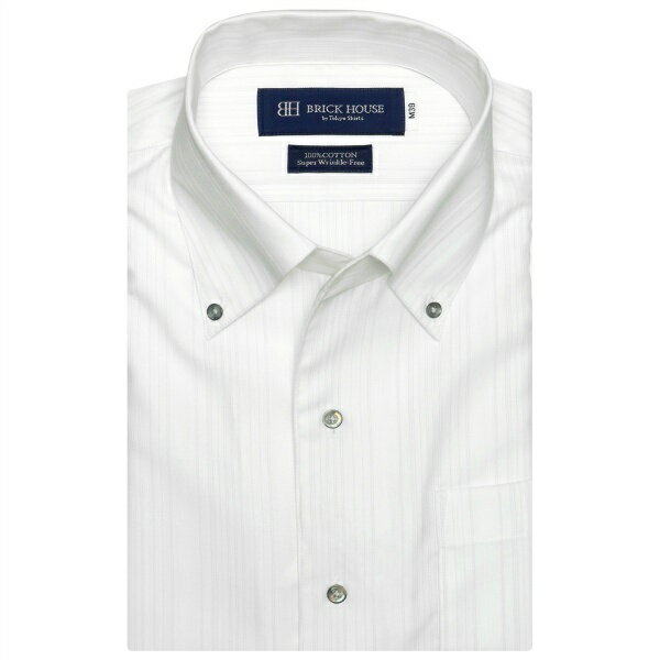 形態安定 ノーアイロン 半袖ワイシャツ ワンピース ボタンダウン 白×ライトグレーストライプ／ブリックハウス（BRICKHOUSE）