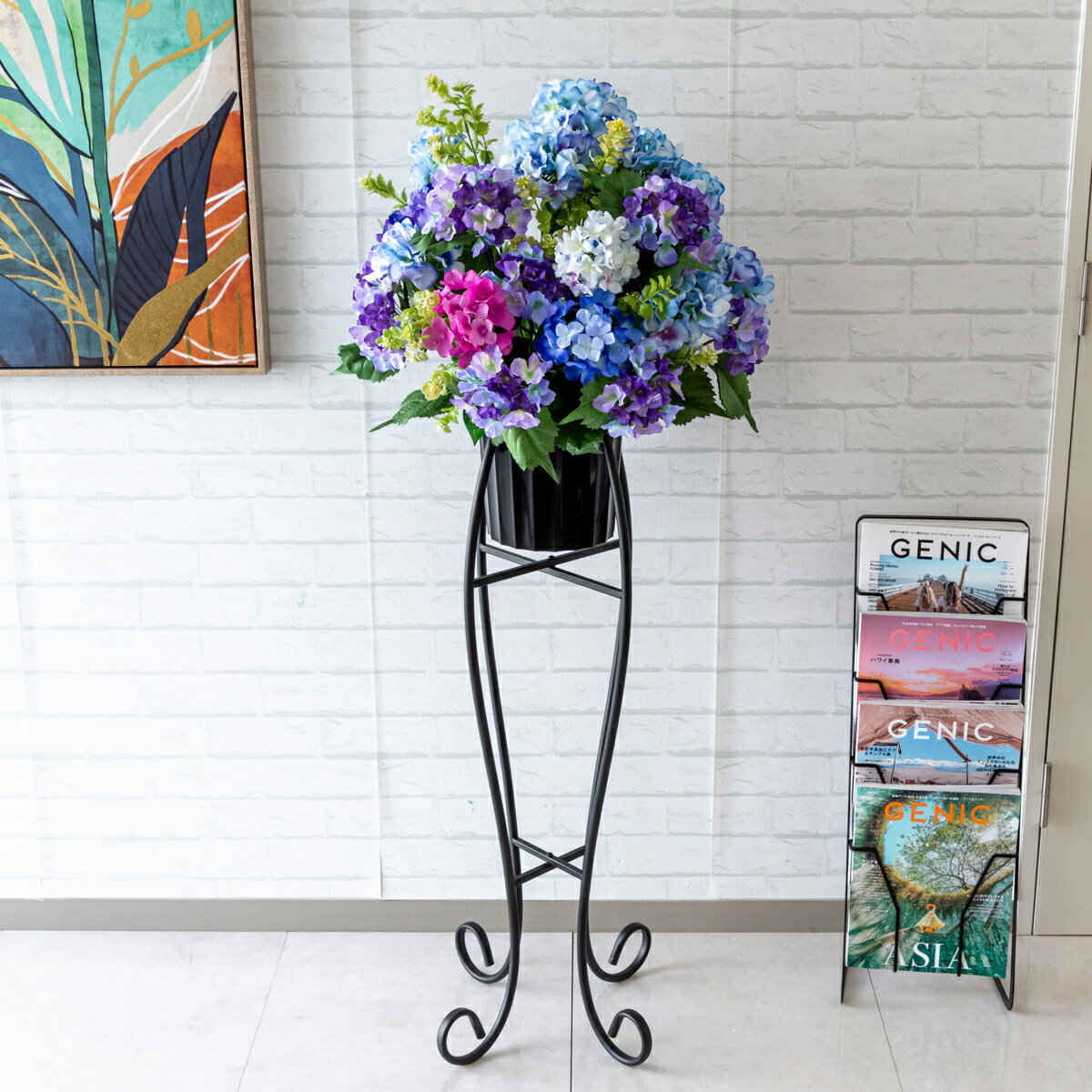造花 スタンド アレンジ 祝い 開店 開業 H約135cm 移転 装飾 フラワー 花 ギフト プレゼント アレンジメント フェイク 店舗 住宅展示場 モデルハウス ホテル [お祝い立札無料] 大型 夏装飾【PA486-SEN90 造花スタンドアレンジ(アジサイ)/セクショナルスタンド】