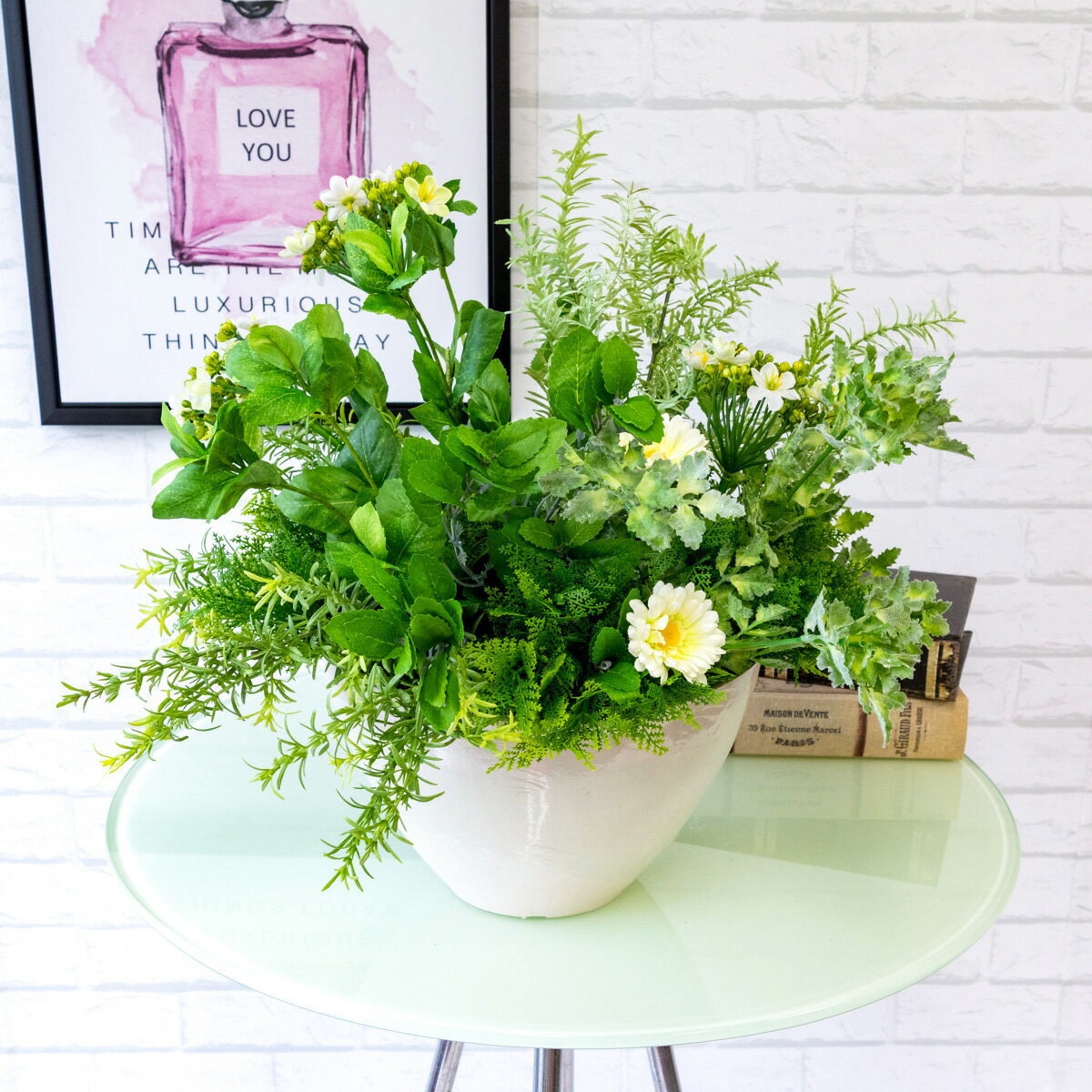 Pas011 造花アレンジメント ローズマリー ガーベラ ボックスウッド ミント パセリ バジル アリューム プラスチック合成樹脂鉢 デザインポット 卓上ポットフラワーアレンジメン