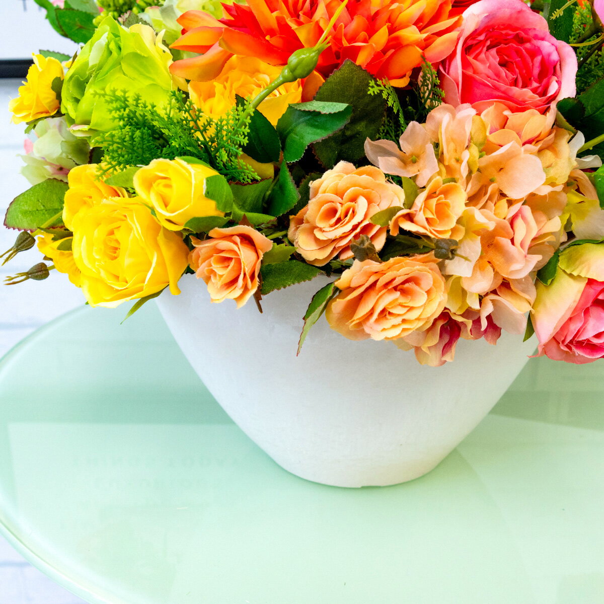 Pas014 造花アレンジメント ローズ ラナンキュラス アジアンタム ダリア アジサイ プラスチック合成樹脂鉢 デザインポット 卓上ポット ミニプランター フラワーアレンジメント ア