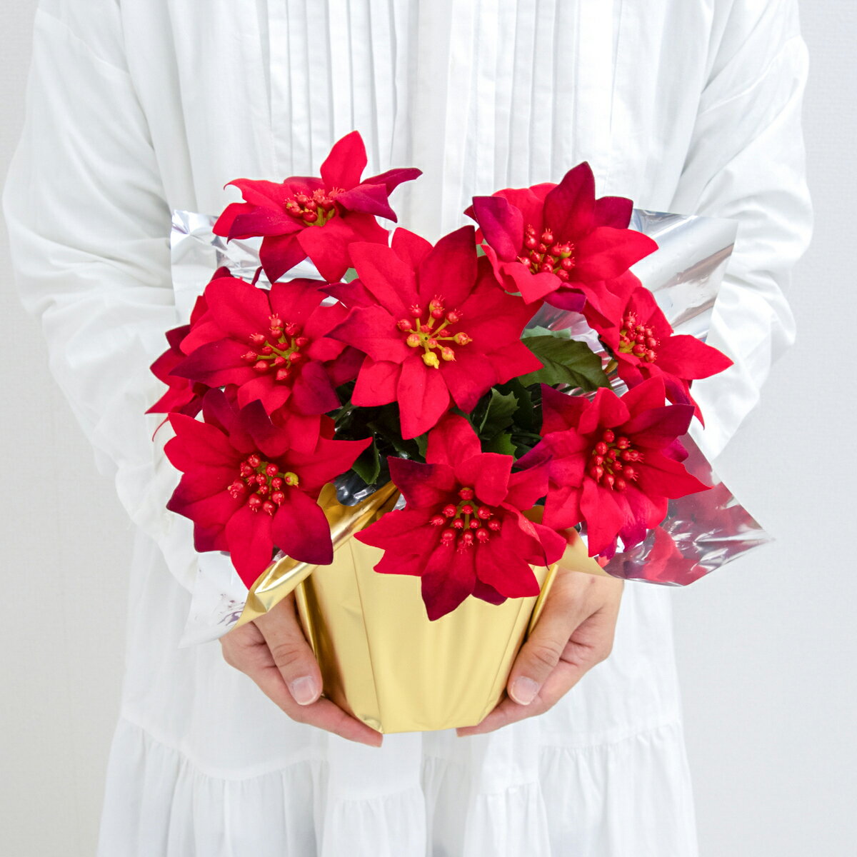 造花アレンジメントポット(ポインセチア/レッド) 高さ30cm /クリスマス装飾 フラワーアレンジメント テーブルプランター インテリアフラワー フェイク 卓上 おしゃれ 装飾 置き型 店舗装飾 店内装飾 (PAS161)