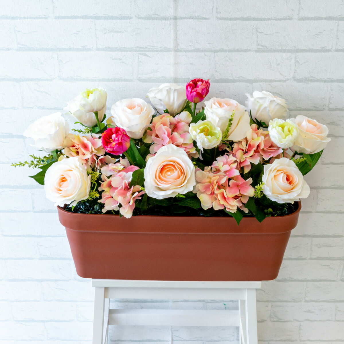 造花プランター フラワープランター フラワーアレンジメント フェイクグリーン 店舗装飾 ディスプレイ パチンコ店 工事現場 住宅展示場 モデルハウス ショールーム 夏装飾 ピンク/PF384-LB 造花プランター(ローズ・アジサイ):Cプ